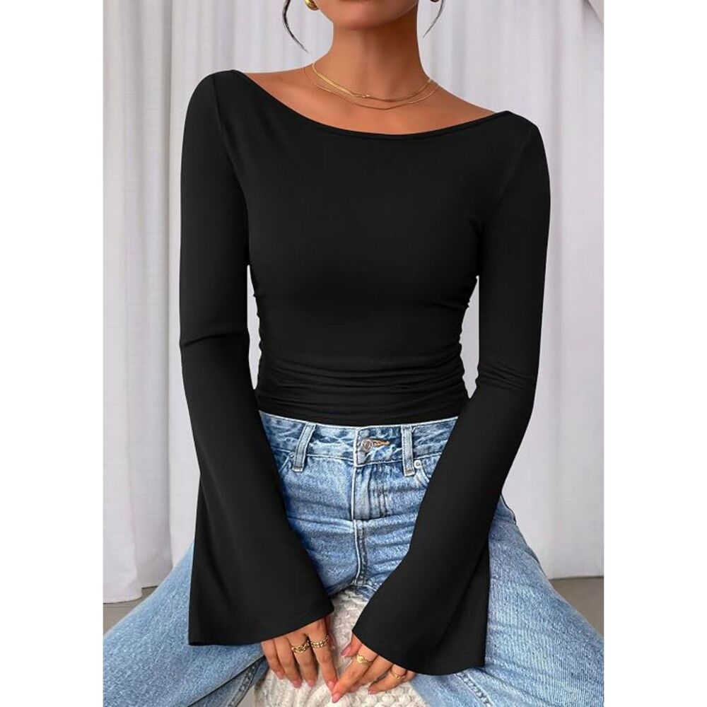 NWT Sofia's Choice Black Long Sleeve Shirt Crop Top Bell Sleeve Ruched